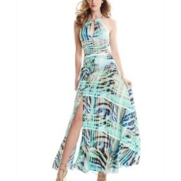 Marciano Kaleidoscope Gown Maxi Dress Chainlink Halter Cut Outs Sz 2 Blue Green - Picture 10 of 10